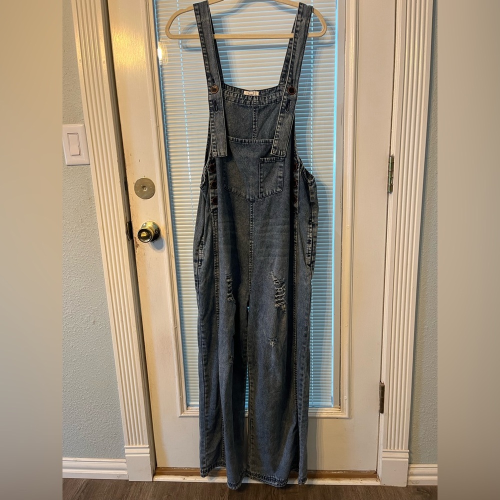 Easel Straight Leg Distressed Overalls